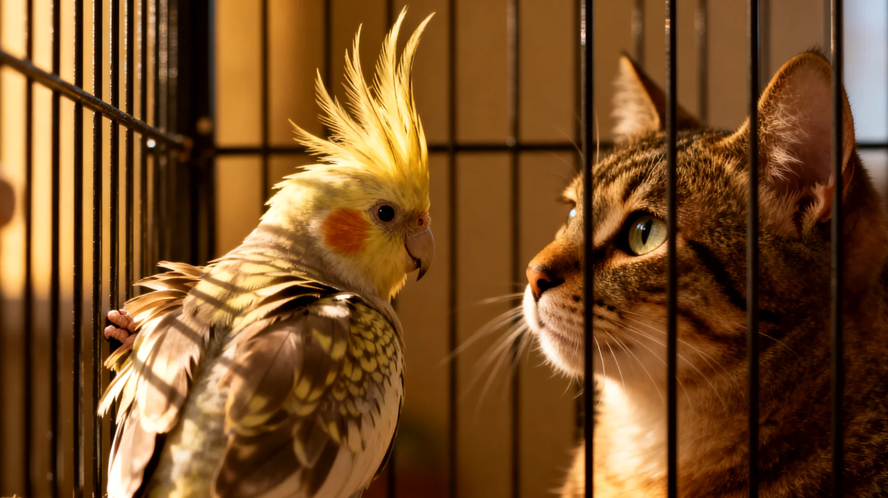 Nymphensittiche zeigen aggressives oder gestresstes Verhalten gegenüber anderen Haustieren im Haushalt, insbesondere wenn Hunde oder Katzen sich dem Käfig nähern, was zu ständiger Angst und Unruhe beim Vogel führt"